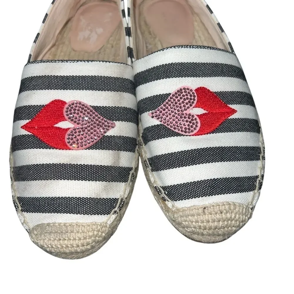 EUC KATE SPADE BLACK WHITE STRIPES Gimlet Heart Lips Espadrille Flats SZ 7